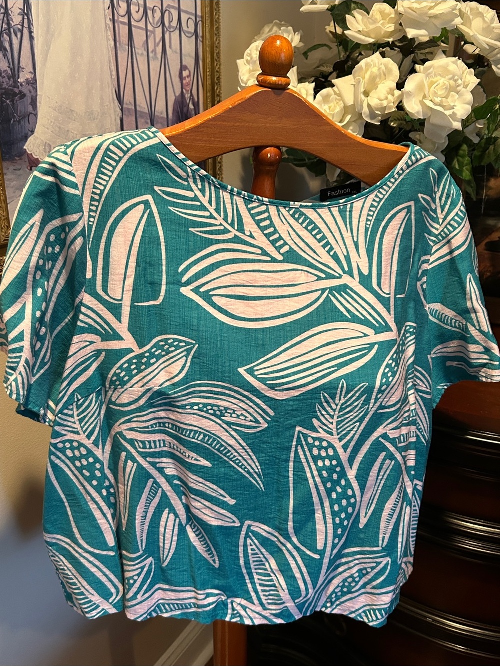 Fashion Women’s Teal Short-Sleeve Tropical Print Top Sz XXL